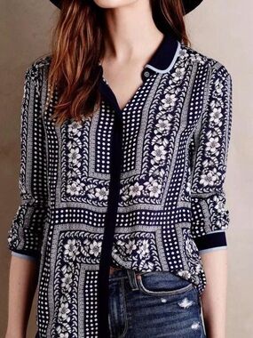 Maeve Navy and Cream Patchwork Print Blouse